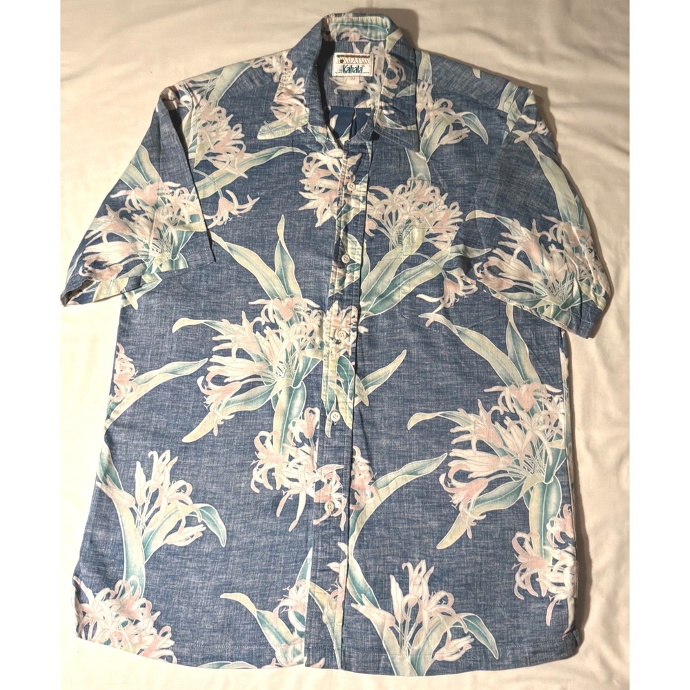 Kahala Mens Blue Floral Cotton Hawaiian Button Down Shirt Made in Hawaii M